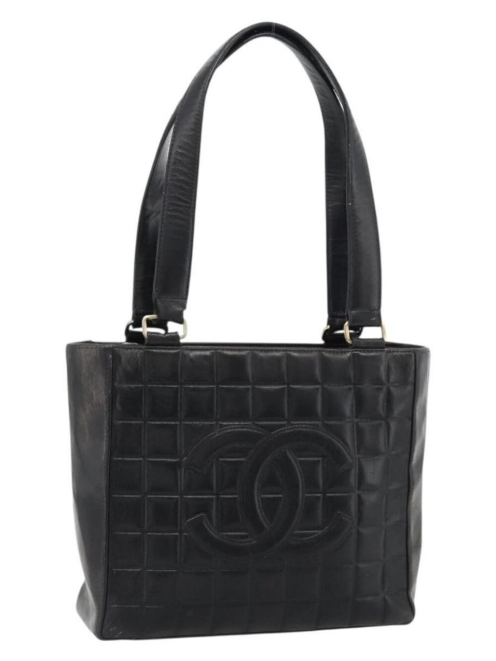 CHANEL Choco Bar Hand Bag Leather Black Gold CC Auth bs35341